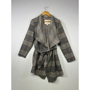 Dark Academia ReVamped Women Large Black Plaid Waterfall Wrap Trench Coat Preppy